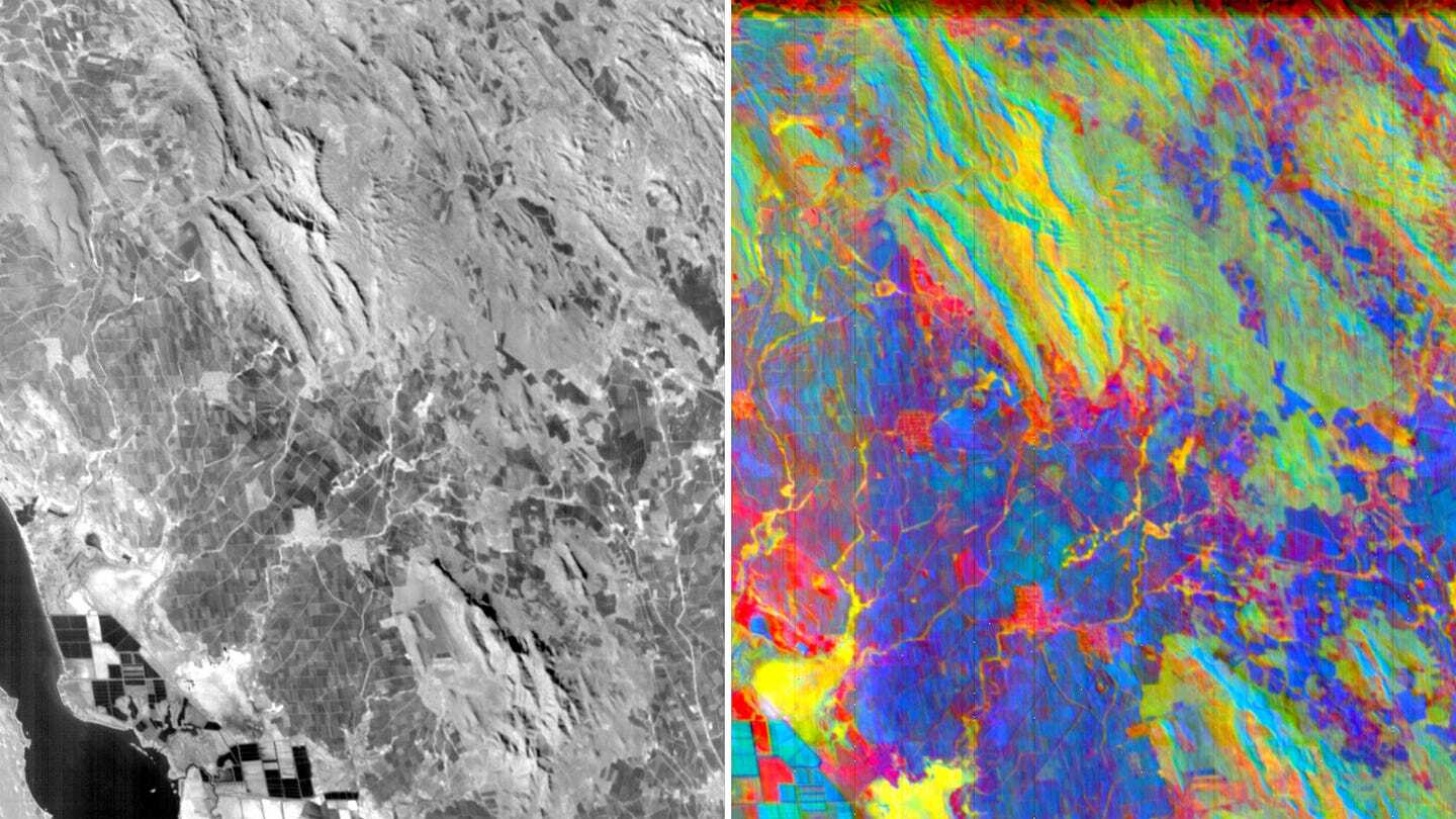 Hyperspectral image (right) revealing detail that is unobservable in the optical image (left). Source: Pixxel