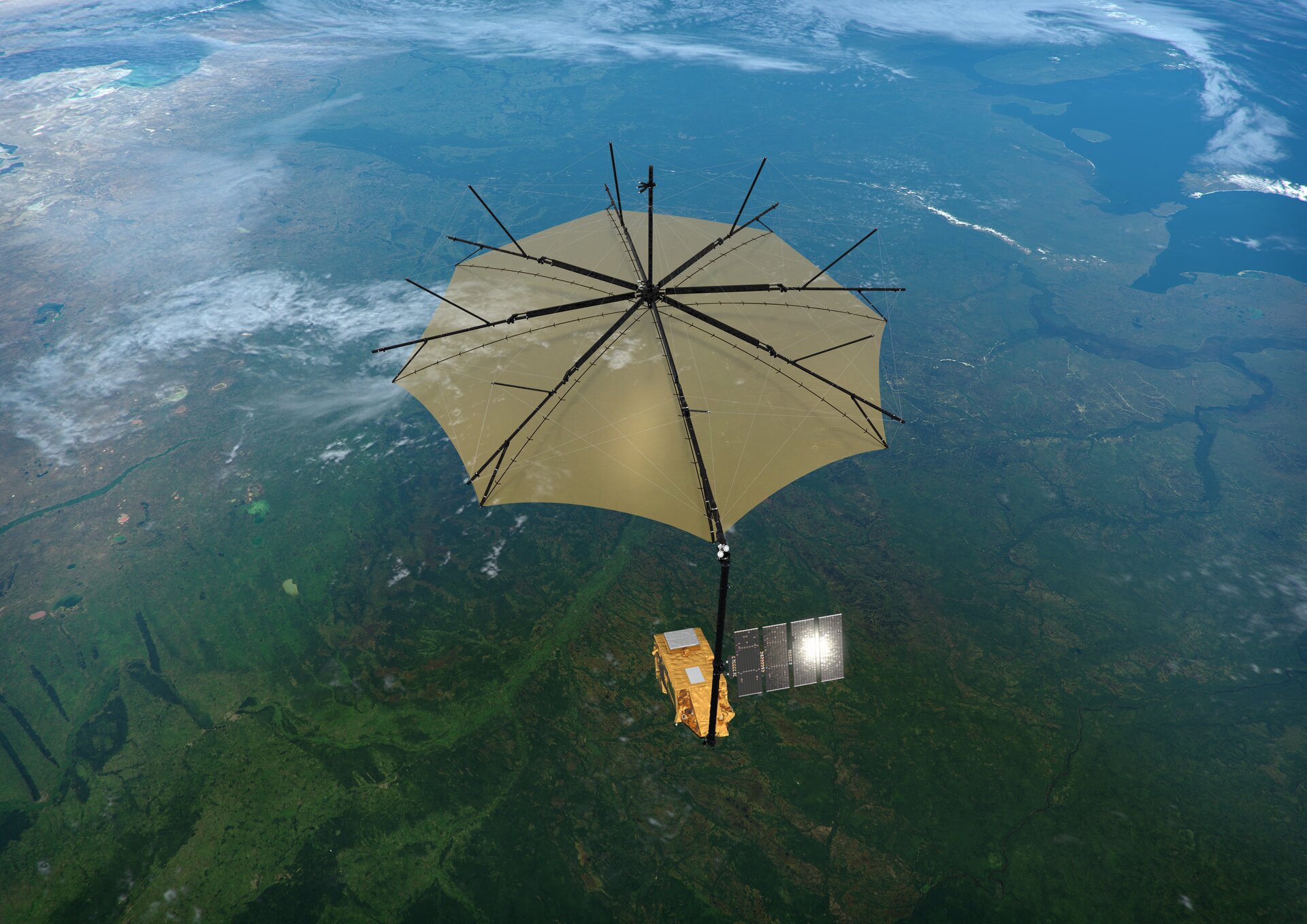 Computer-generated image of the ESA’s biomass satellite over a forest. Source: The European Space Agency